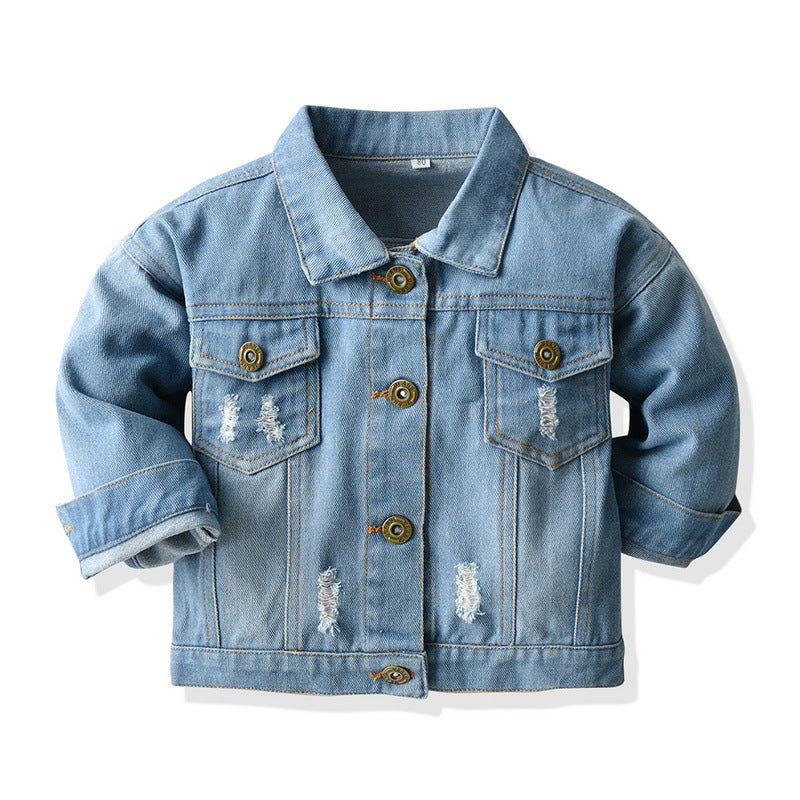 Kids' Distressed Denim Jacket with Korean Lapel Design