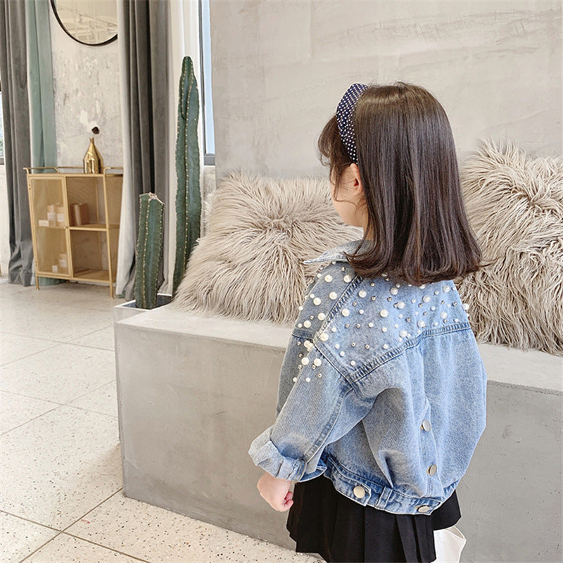 Girls' Korean-Style Denim Jacket with Classic Lapel Collar