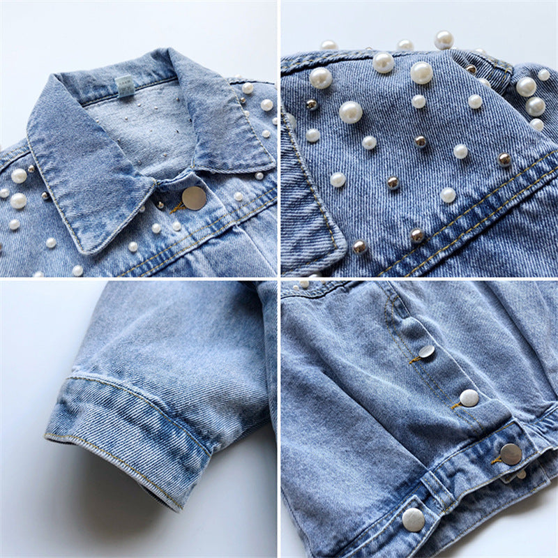Girls' Korean-Style Denim Jacket with Classic Lapel Collar