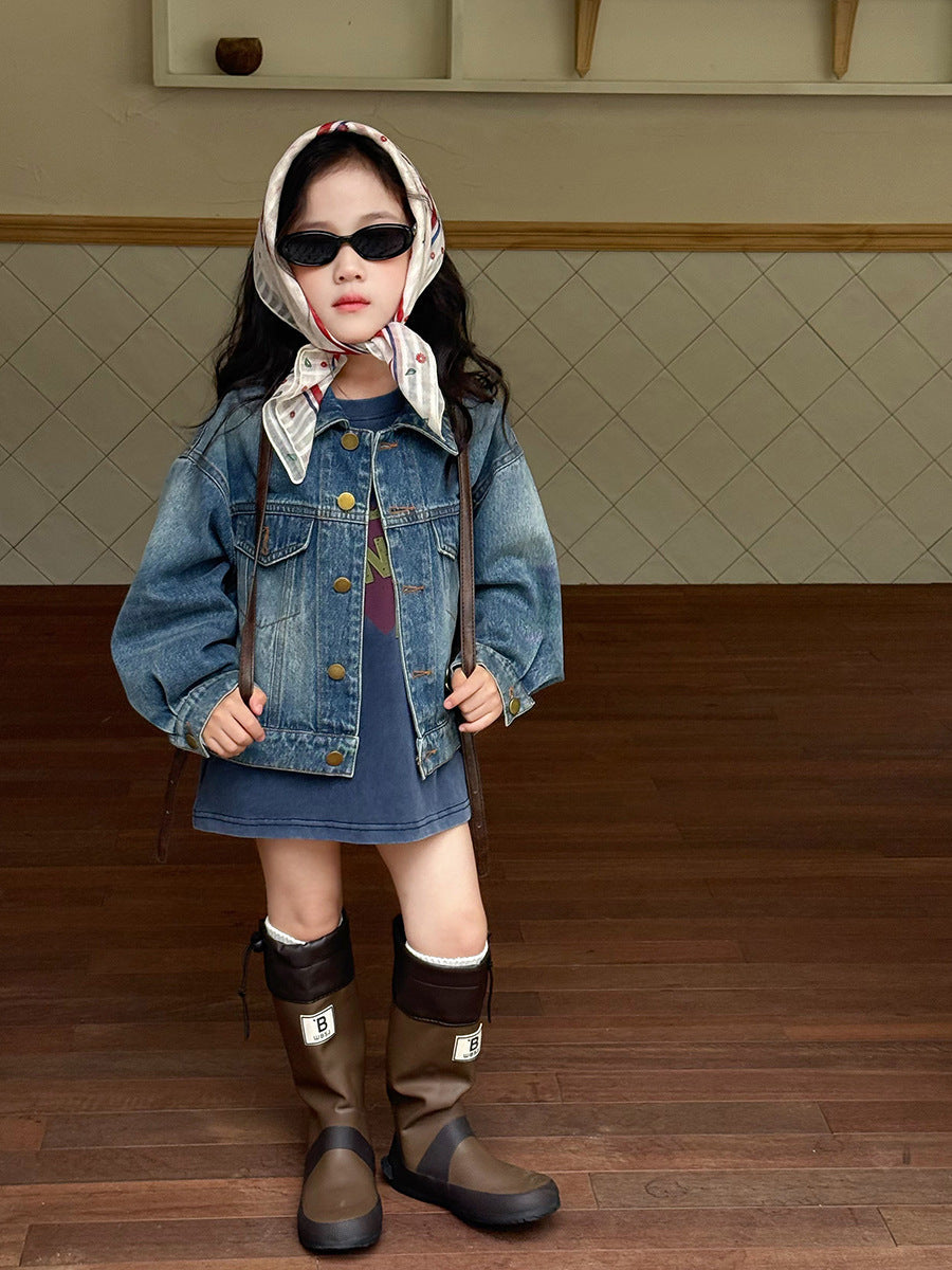 Girls' Vintage Distressed Denim Jacket with Korean Lapel
