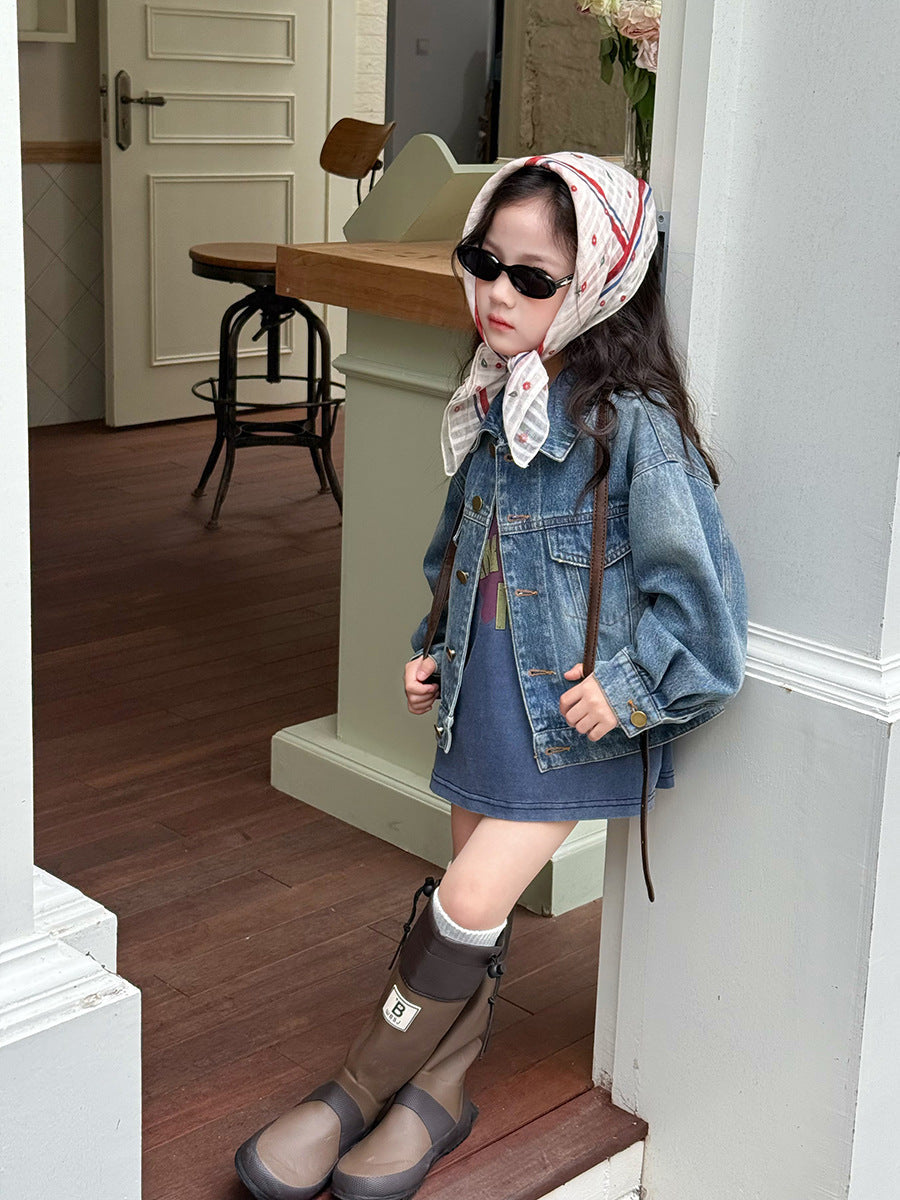 Girls' Vintage Distressed Denim Jacket with Korean Lapel