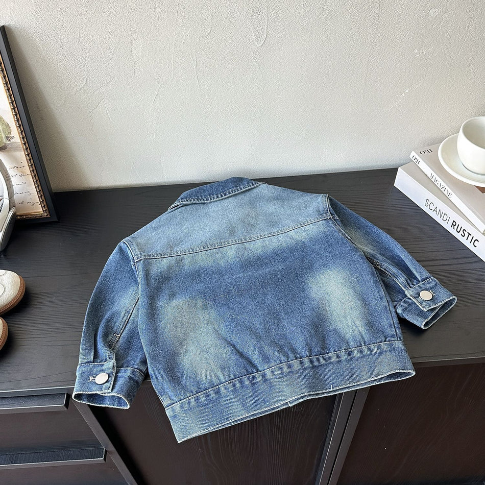 Kids' Korean-Style Denim Jacket with Classic Lapel Collar