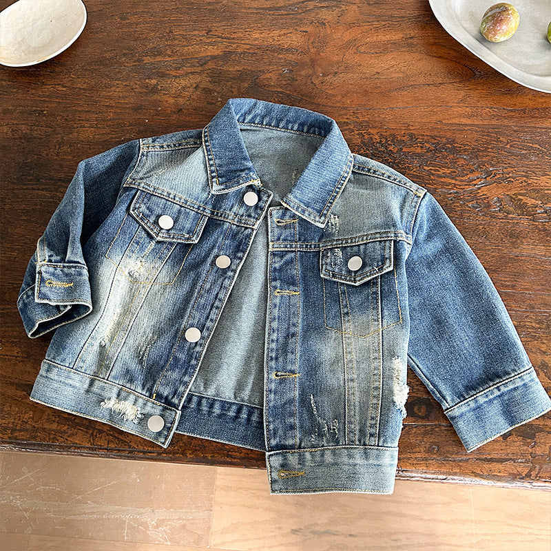 Kids' Ripped Denim Jacket with Retro Korean-Style Design