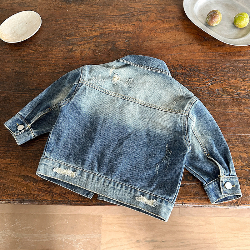Kids' Ripped Denim Jacket with Retro Korean-Style Design