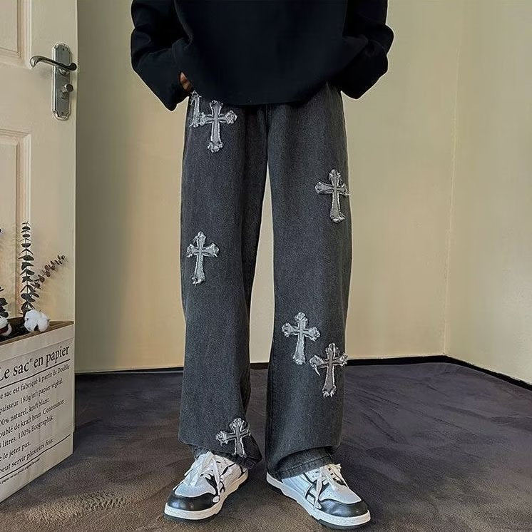 Men's Mid-Waist Washed Cross-Detail Straight-Leg Denim Jeans