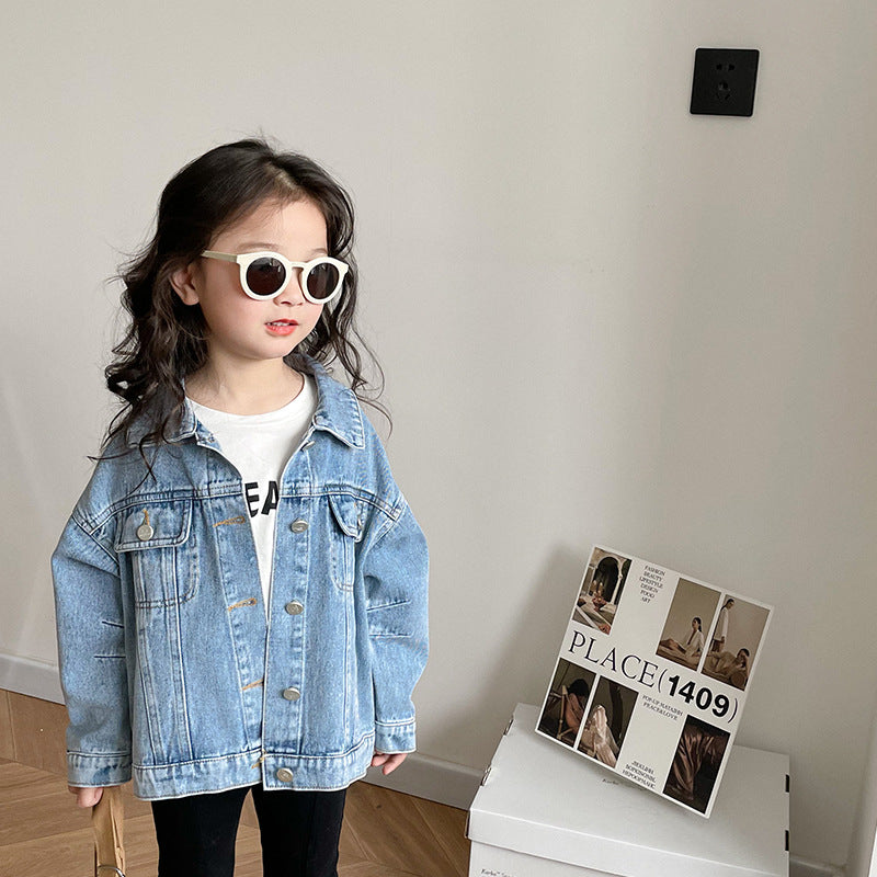 Girls' Casual Denim Jacket with Korean-Style Retro Design