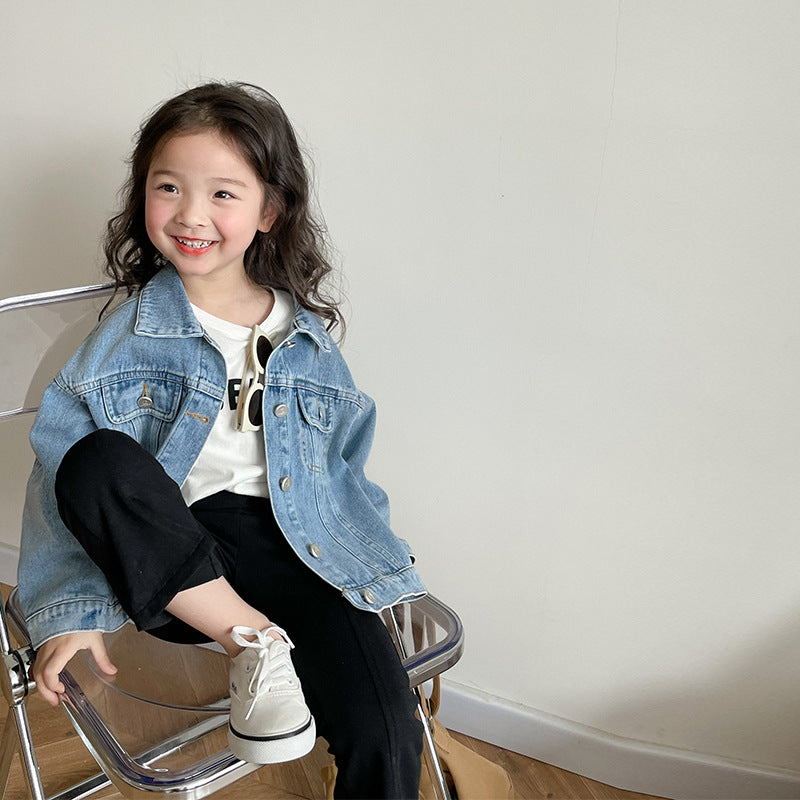 Girls' Casual Denim Jacket with Korean-Style Retro Design