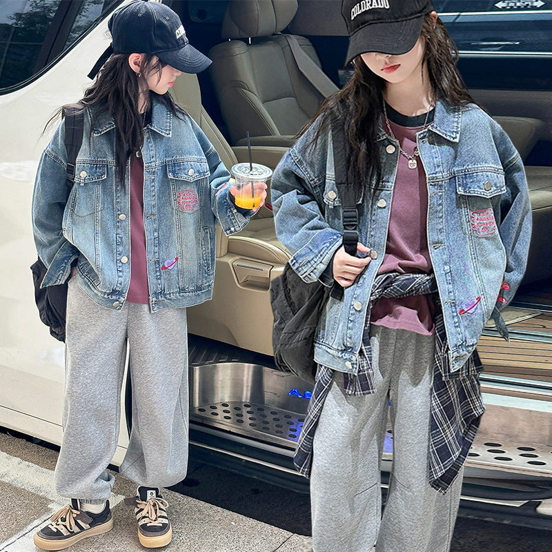 Girls' Denim Jacket with Korean-Style Lapel Collar