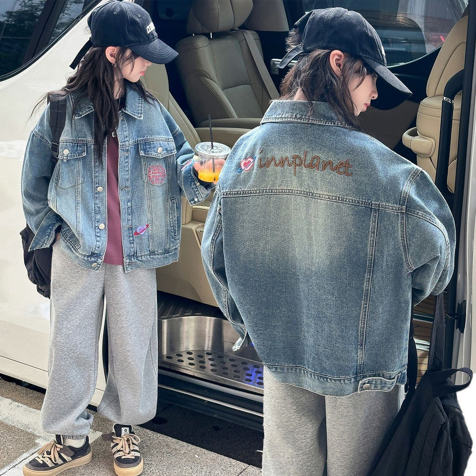 Girls' Denim Jacket with Korean-Style Lapel Collar