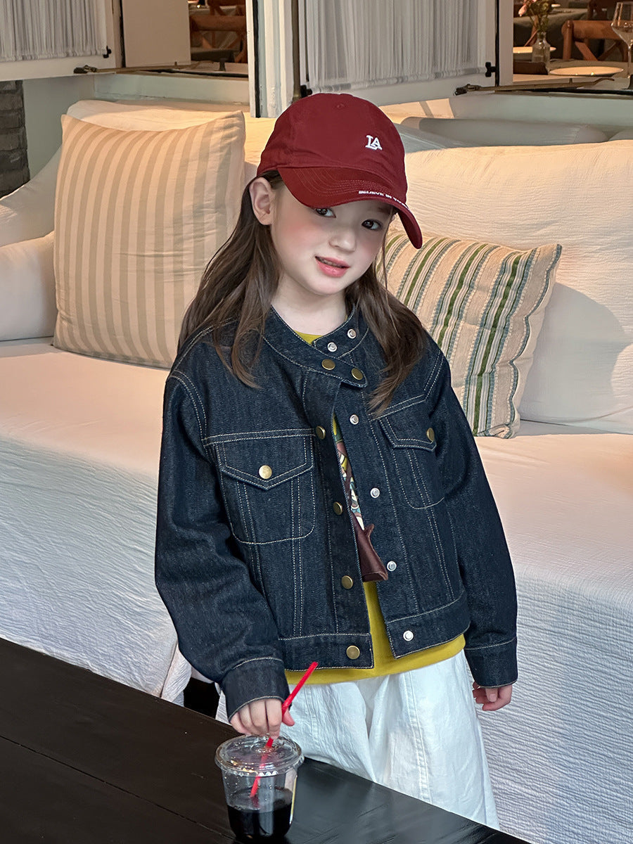 Girls' Stand-Collar Denim Jacket with Korean-Style Design