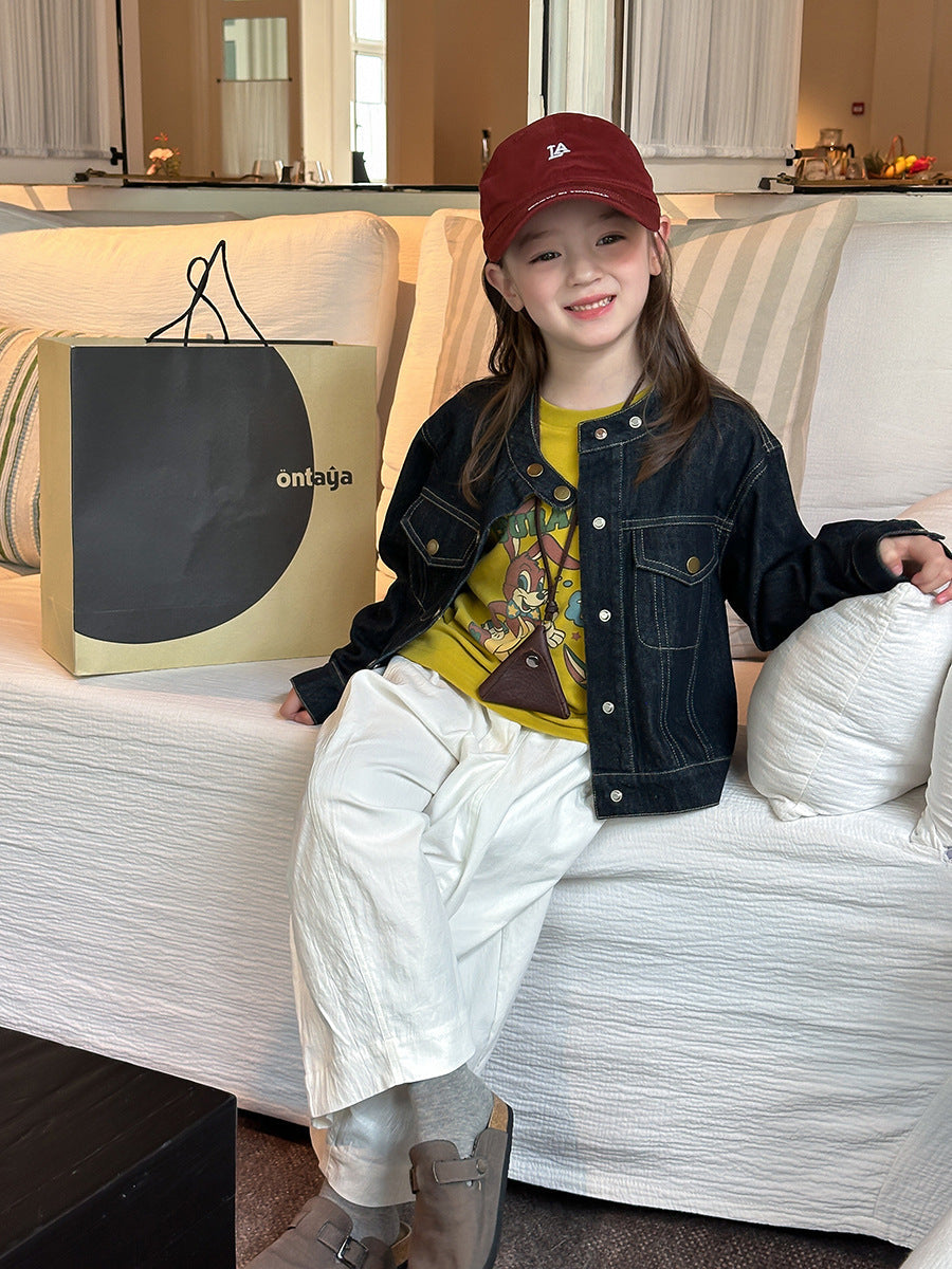 Girls' Stand-Collar Denim Jacket with Korean-Style Design