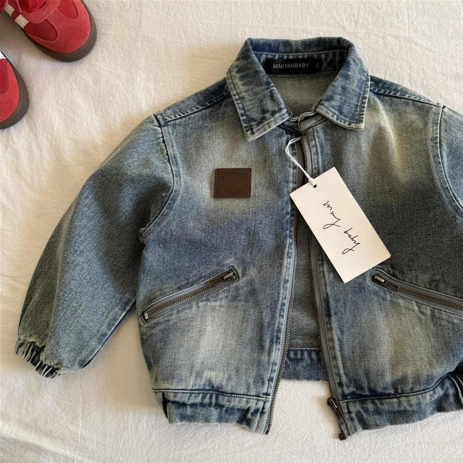 Kids' Light Blue Denim Jacket with Hood and Square Collar