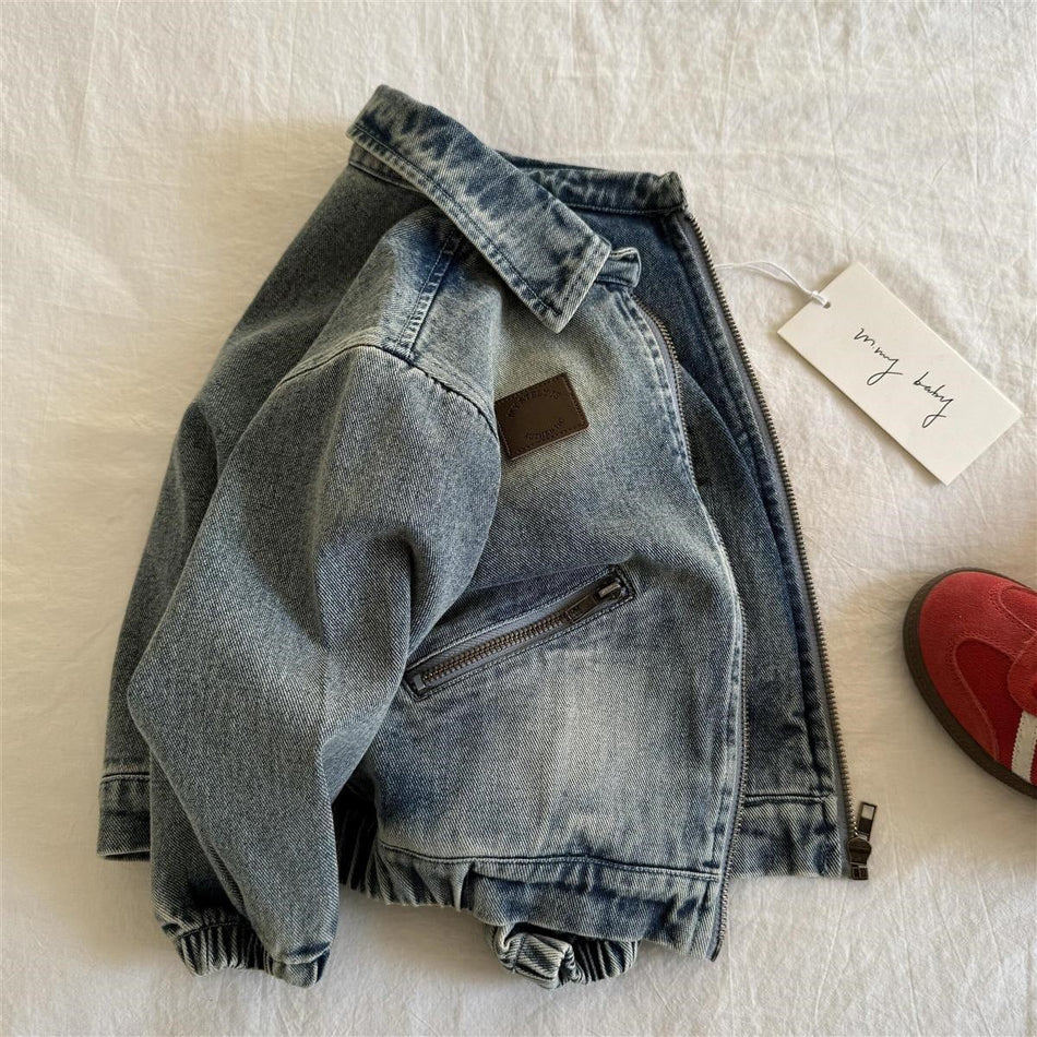 Kids' Light Blue Denim Jacket with Hood and Square Collar