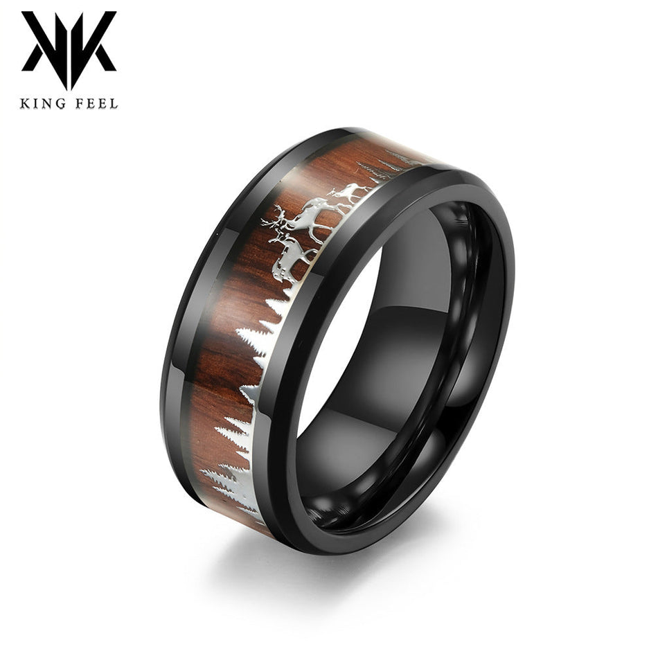 Forest Elk Titanium Steel Wood Grain Inlay Unisex Statement Ring