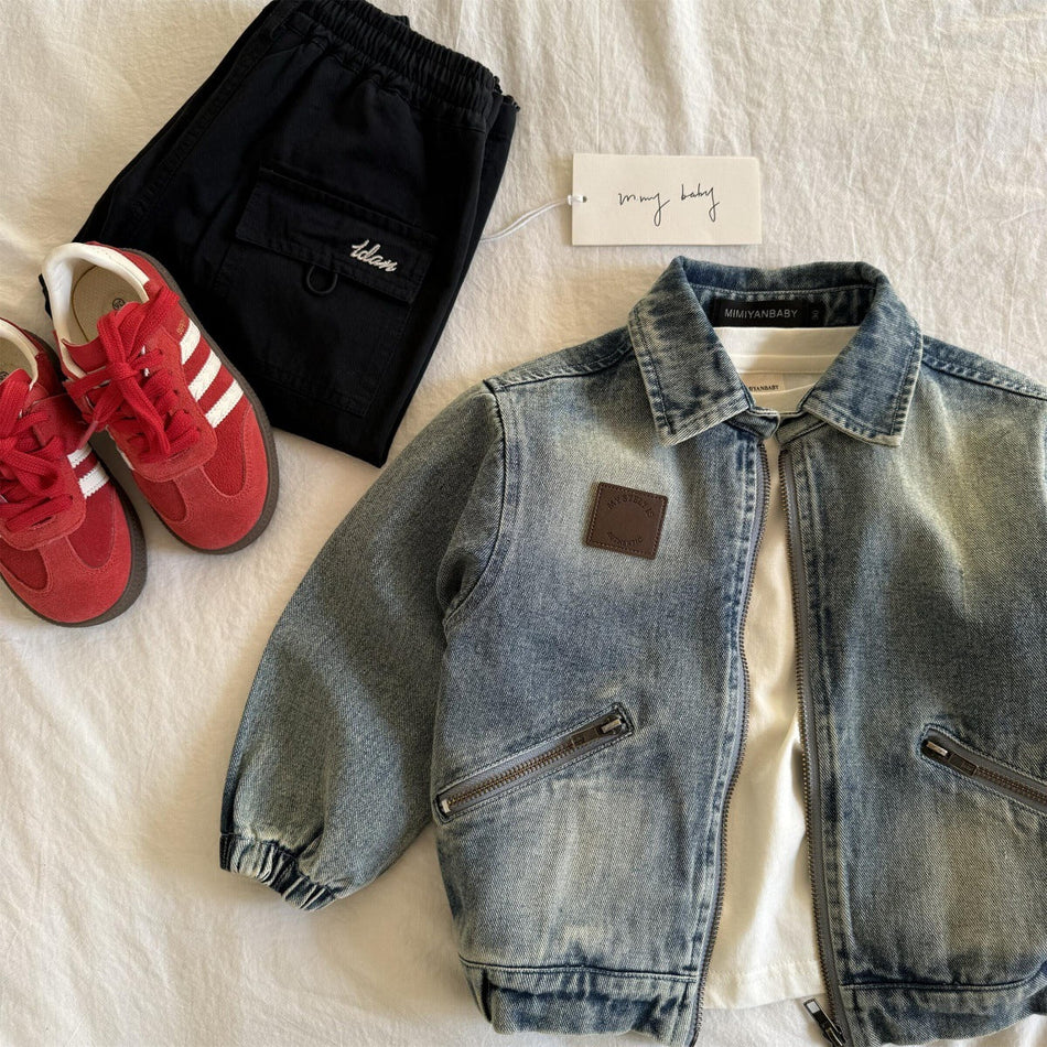 Kids' Denim Jacket with Turn-Down Collar and Zip Front
