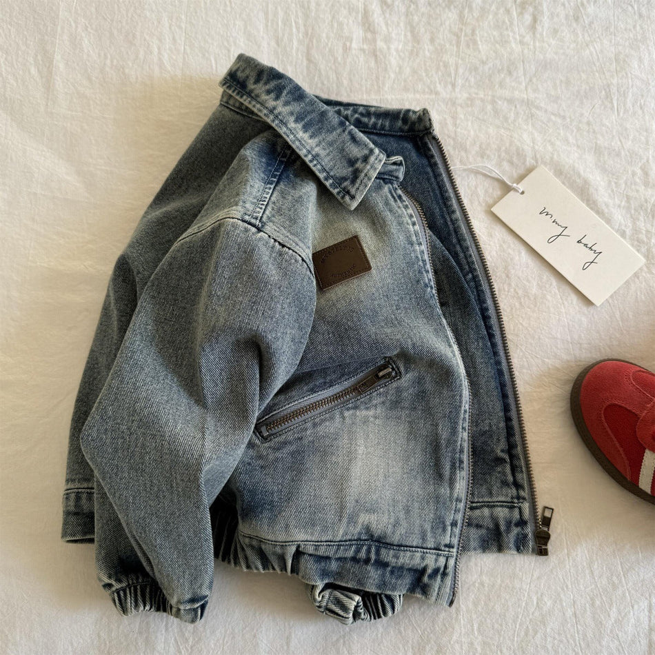 Kids' Denim Jacket with Turn-Down Collar and Zip Front
