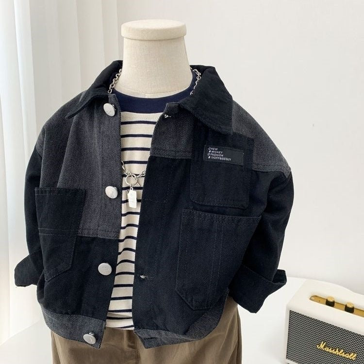 Boys' Korean-Style Color-Block Denim Jacket with Hood