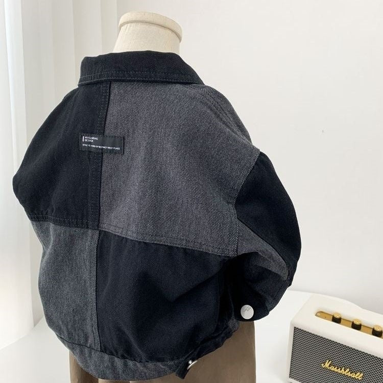 Boys' Korean-Style Color-Block Denim Jacket with Hood