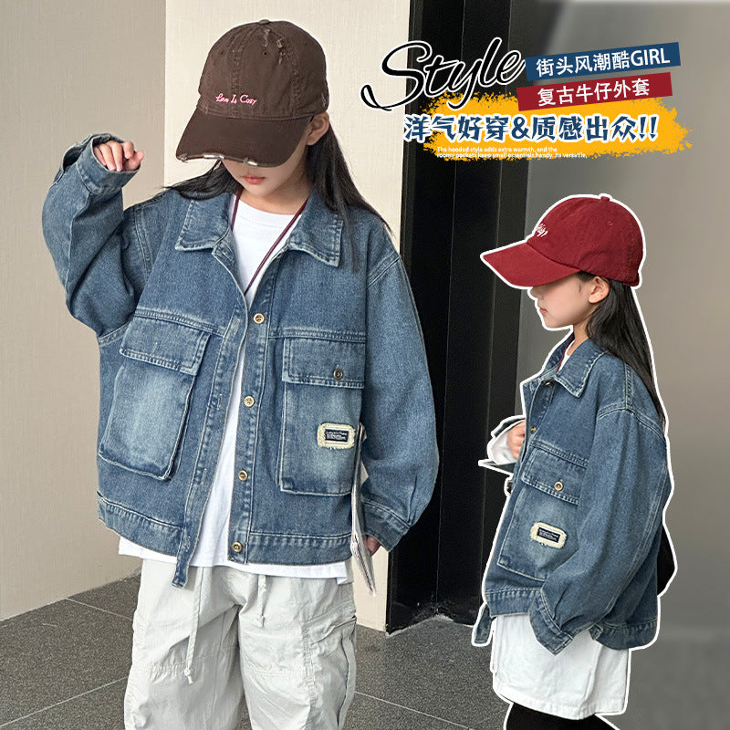 Kids Denim Jacket, Unisex Workwear Style for Autumn Layering