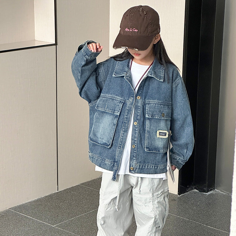 Kids Denim Jacket, Unisex Workwear Style for Autumn Layering