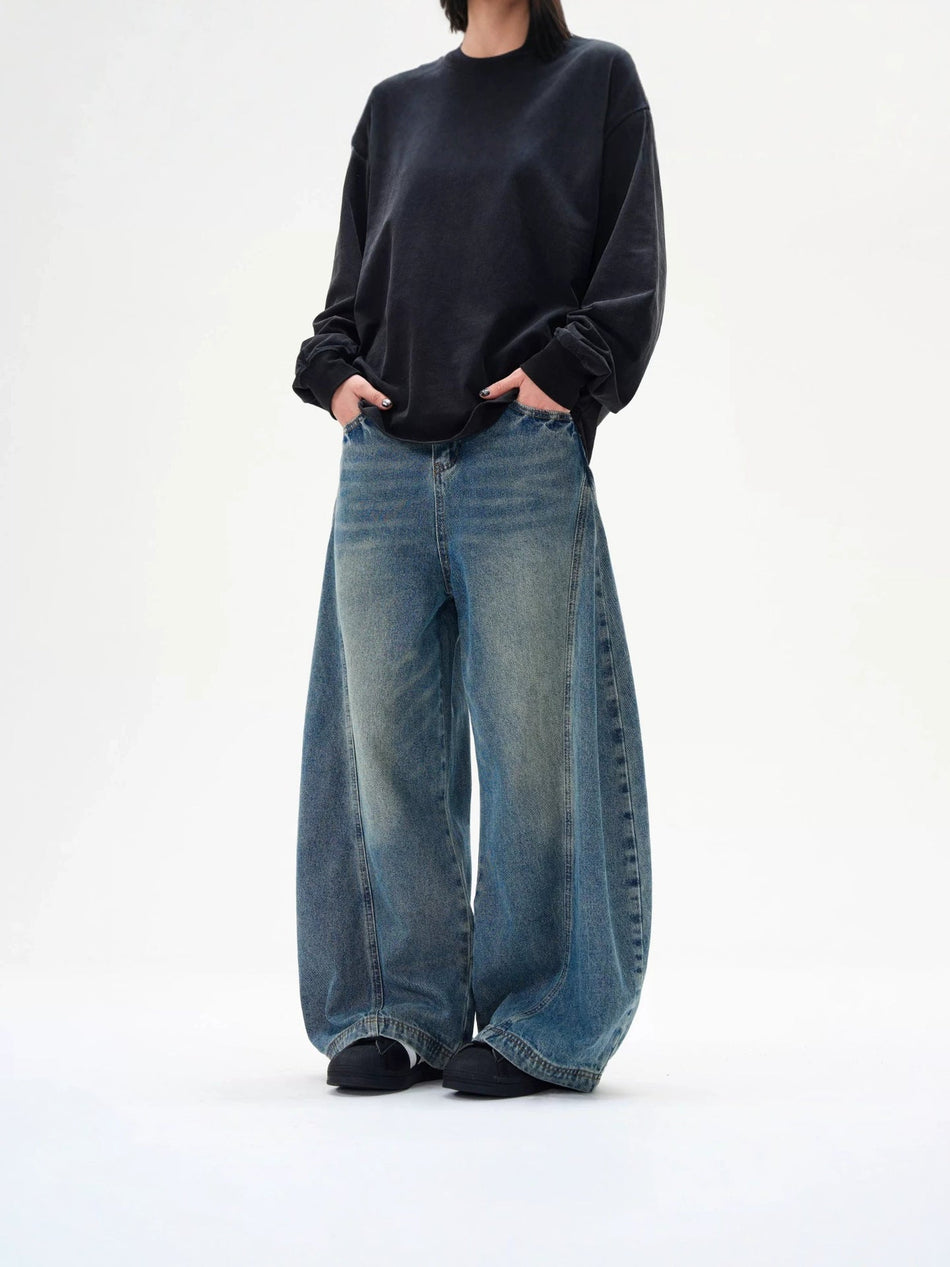 Men's Loose Straight-Leg Curved American Retro Blue Jeans