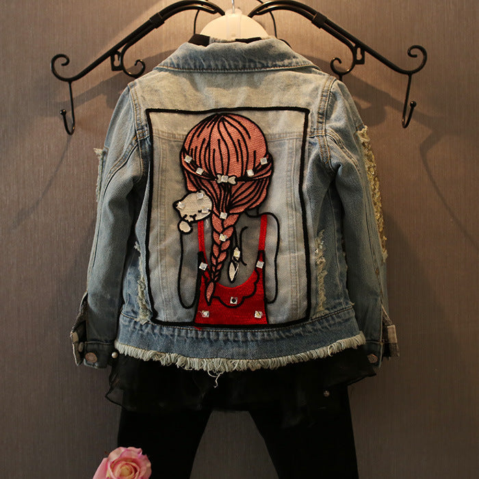 Girls' Cartoon Denim Jacket, Loose Fit Cotton Layer for Spring