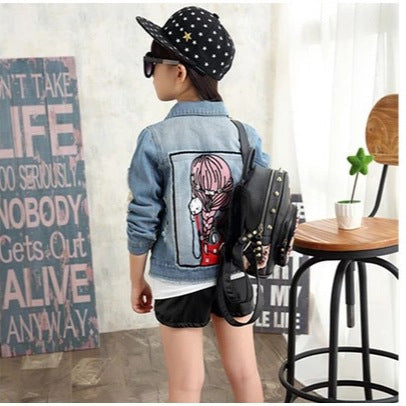 Girls' Cartoon Denim Jacket, Loose Fit Cotton Layer for Spring