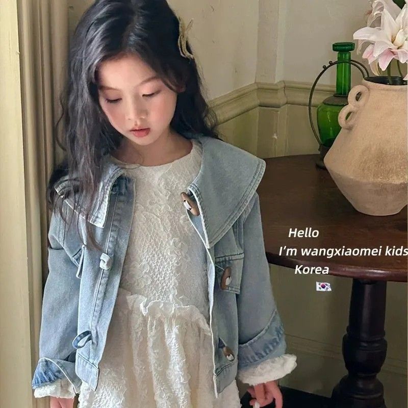 Girls' Light Blue Denim Jacket, Korean Style Cotton Coat