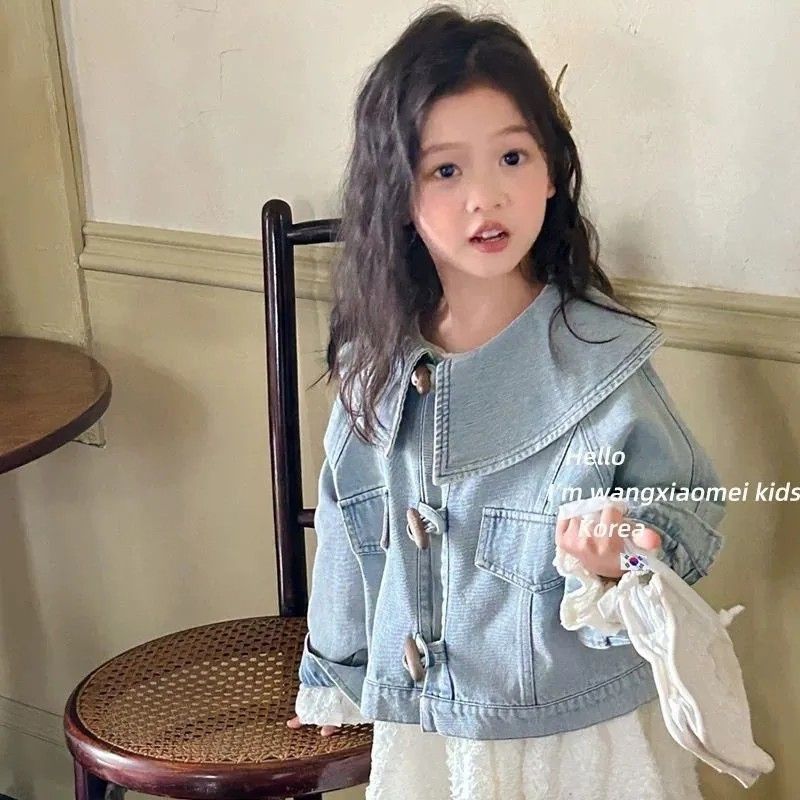 Girls' Light Blue Denim Jacket, Korean Style Cotton Coat