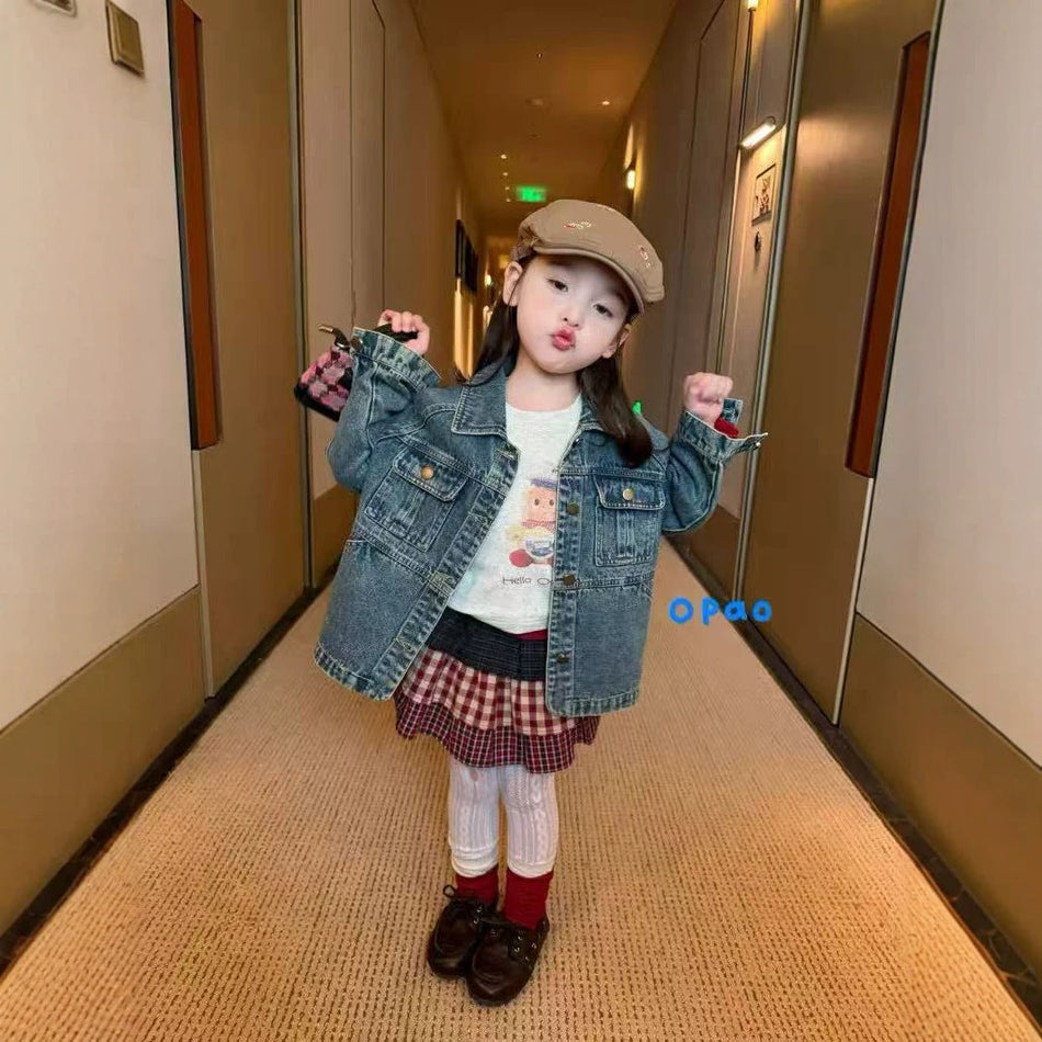 Girls' Letter Patch Denim Jacket, Korean Style Cotton Coat