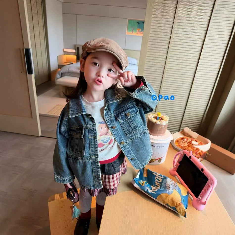 Girls' Letter Patch Denim Jacket, Korean Style Cotton Coat