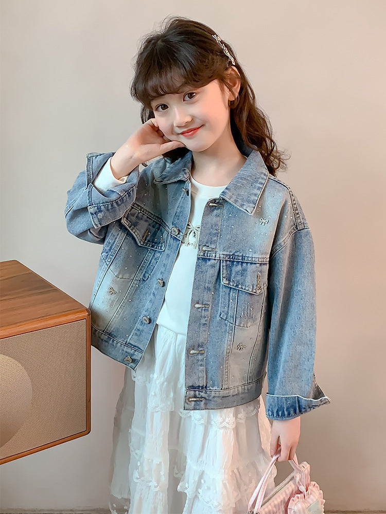 Girls' Short Denim Jacket with Rhinestone Detail for Spring