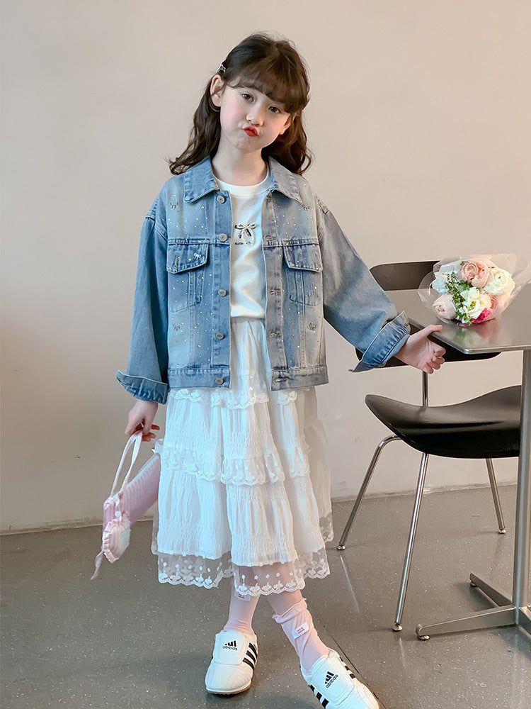 Girls' Short Denim Jacket with Rhinestone Detail for Spring