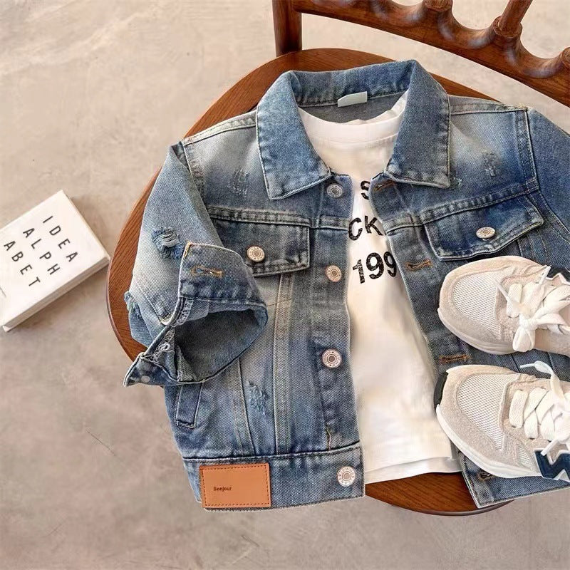 Kids' Solid Color Denim Jacket, Korean Style Top for Spring