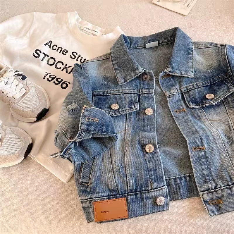 Kids' Solid Color Denim Jacket, Korean Style Top for Spring