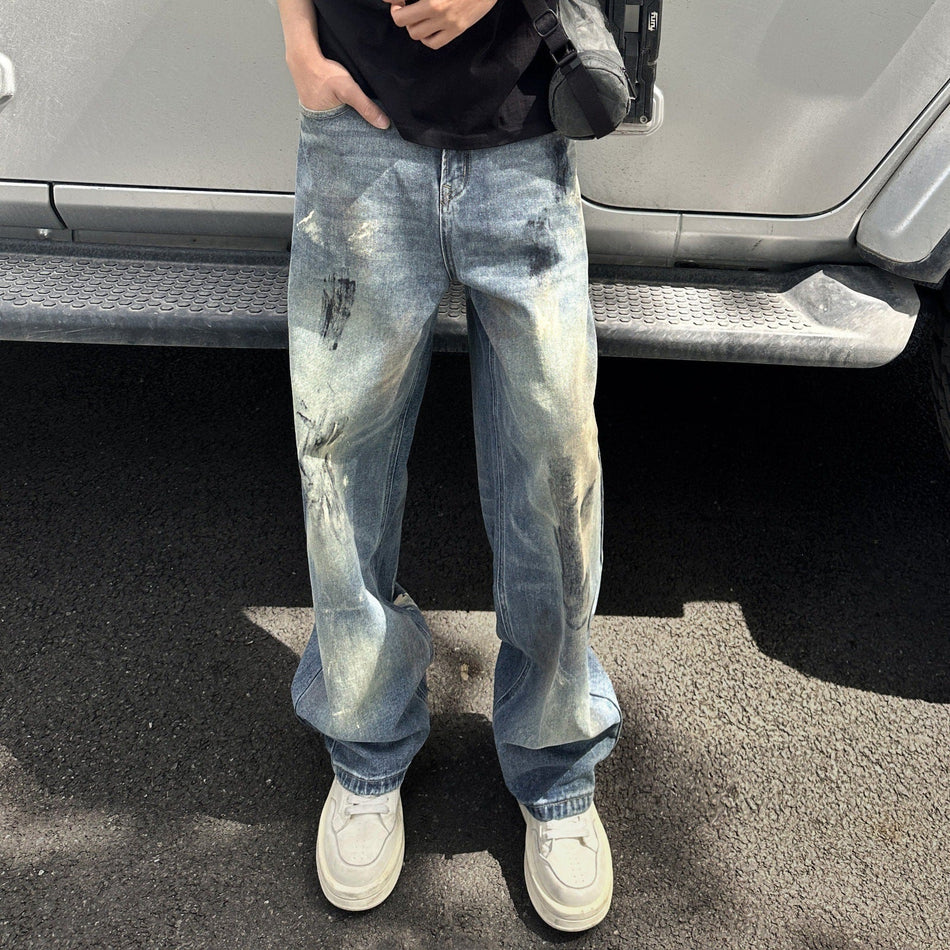 Men's Mid-Waist Graffiti Straight-Leg Denim Jeans