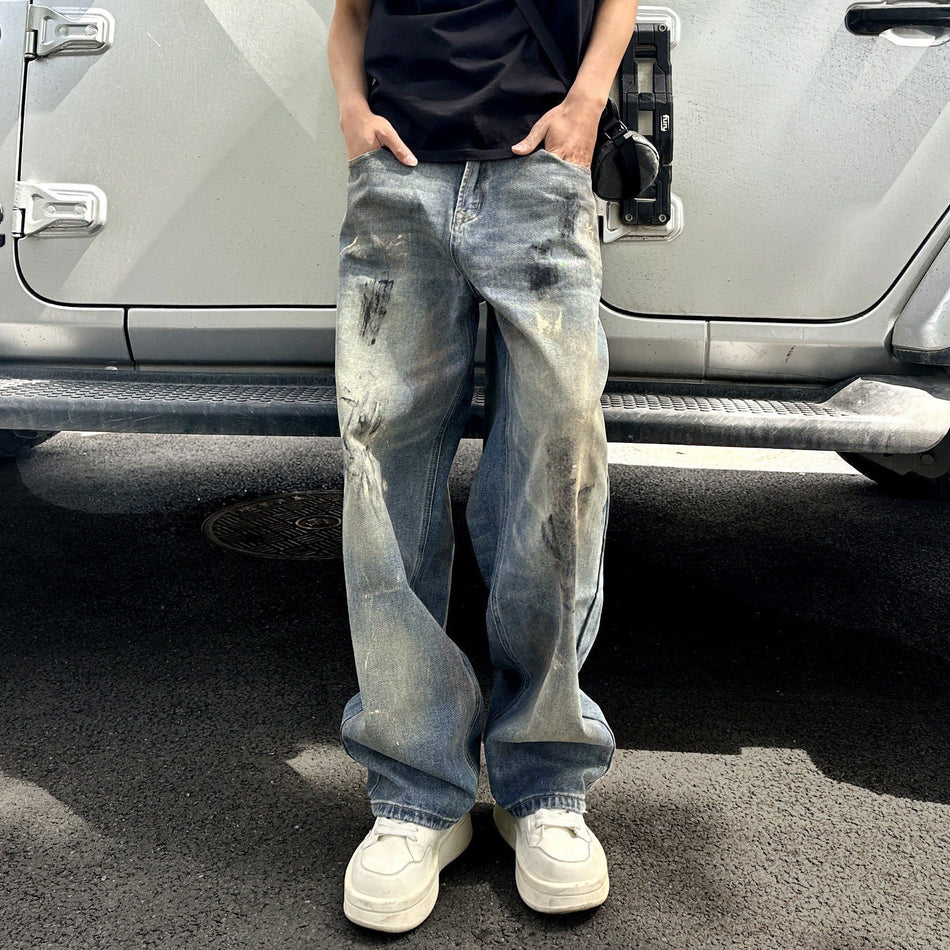 Men's Mid-Waist Graffiti Straight-Leg Denim Jeans