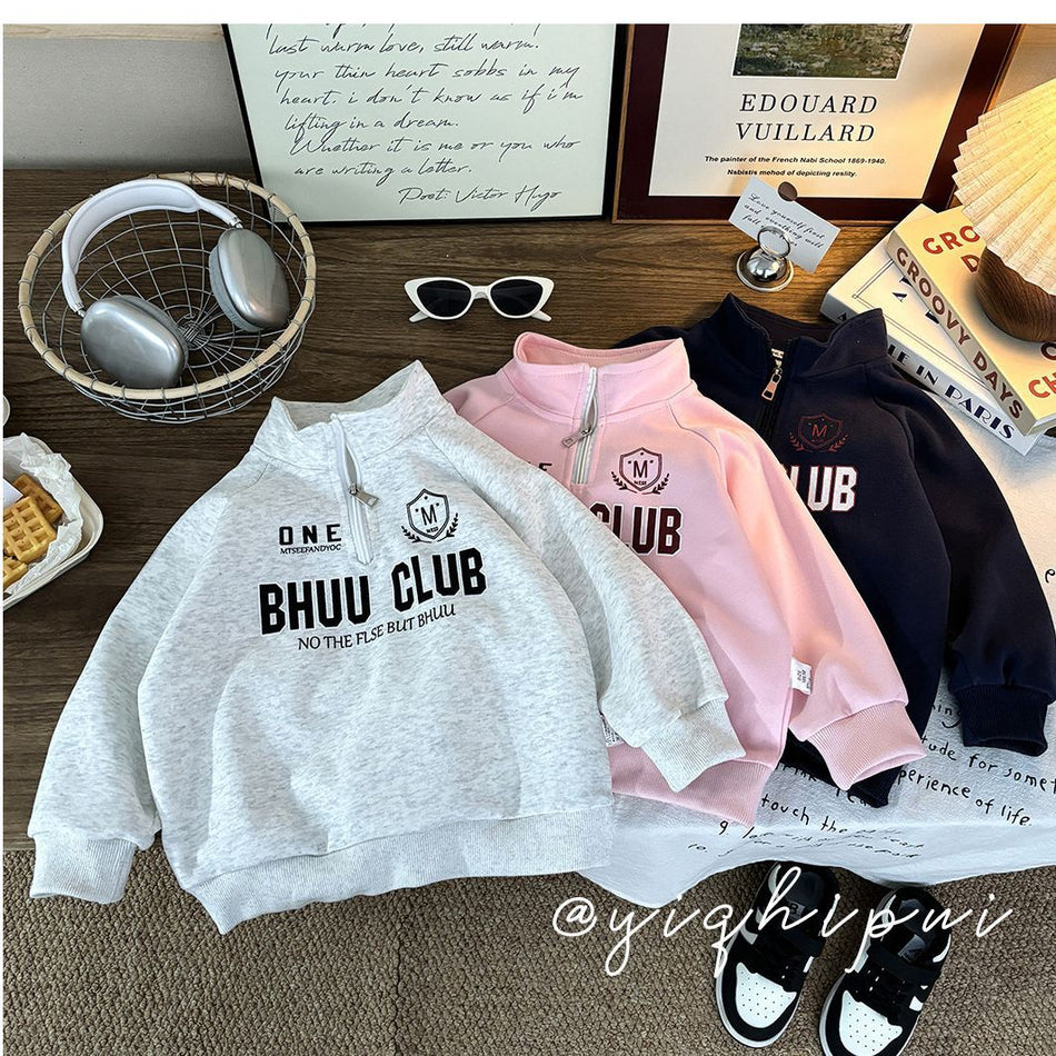 Kids Cotton Half-Zip Sweatshirt Stand Collar Sports Pullover