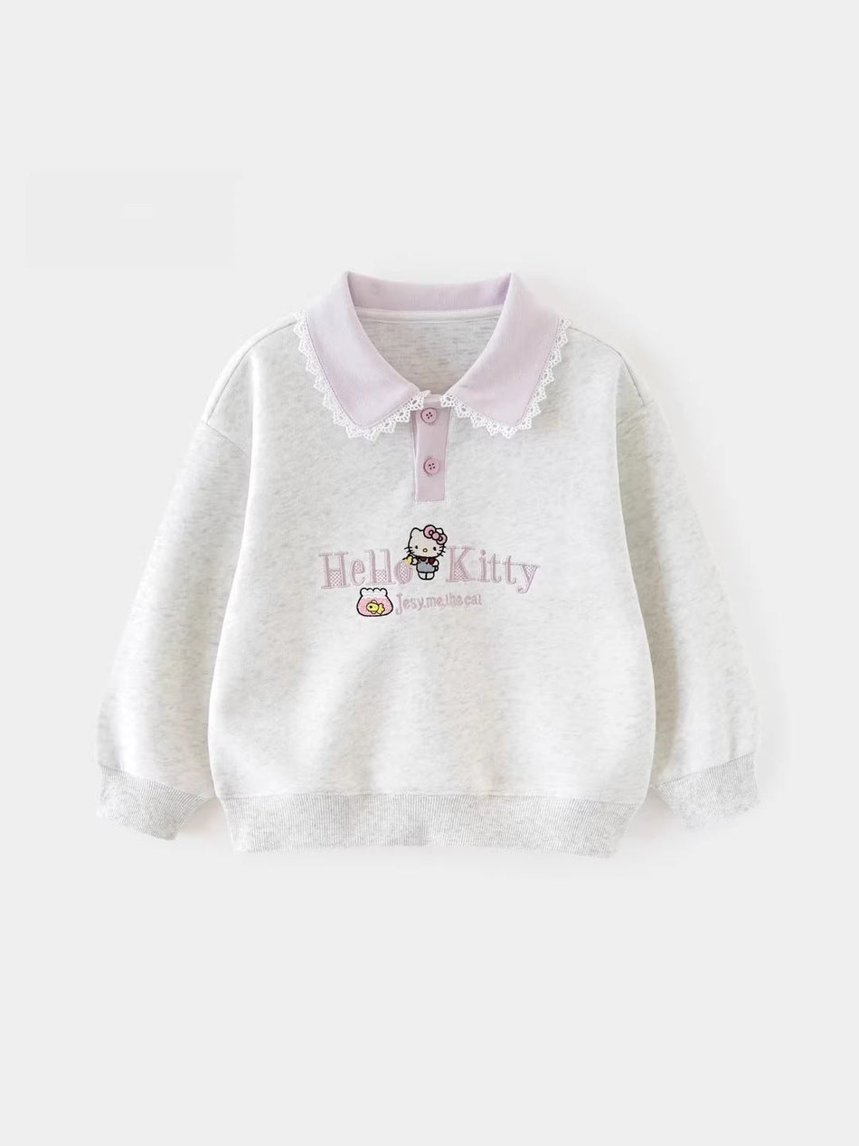 Girls Cotton Cat Embroidered Polo Collar Sweatshirt