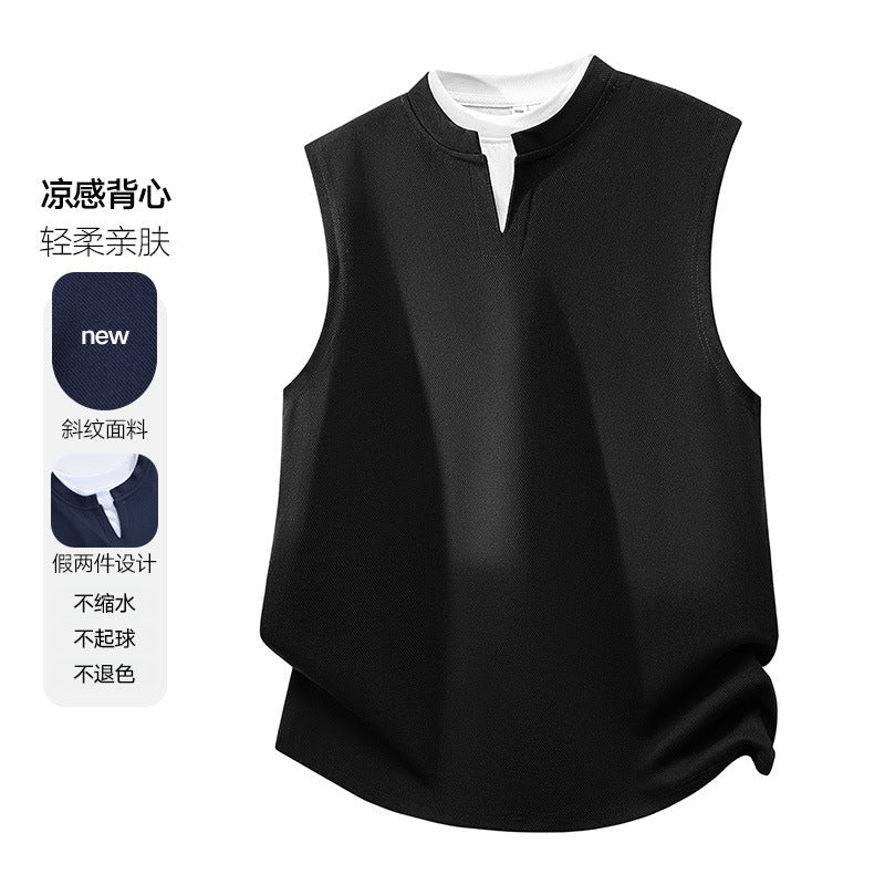 Men's Twill Fabric V-Neck Faux Two-Piece Loose T-Shirt
