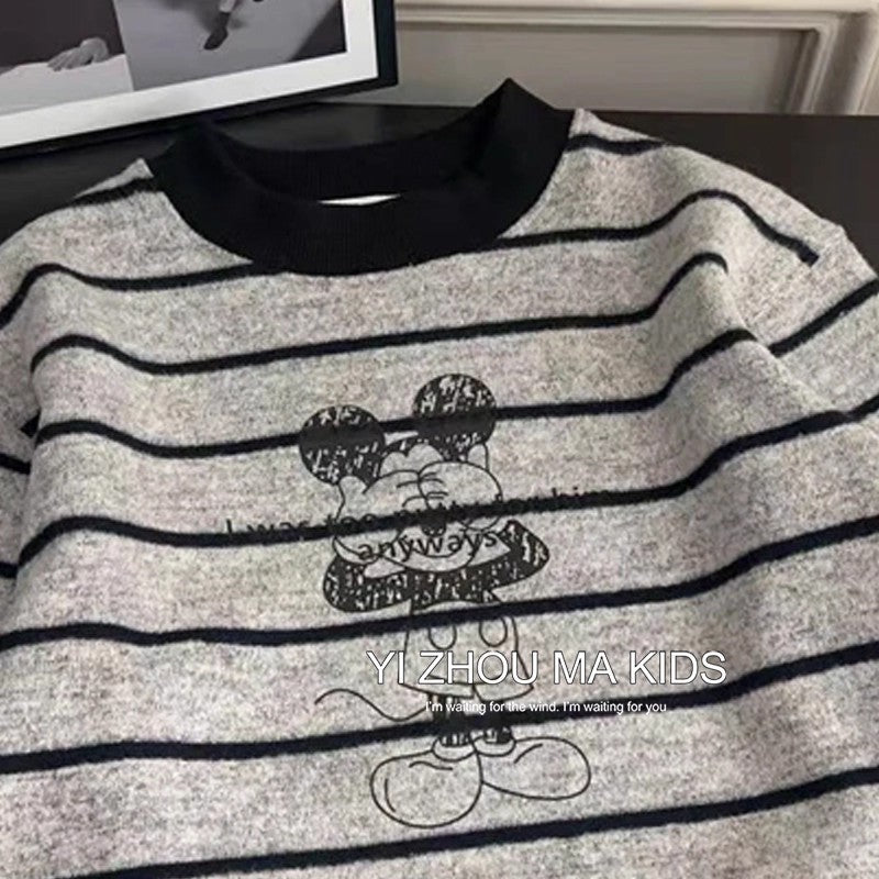 Kids' Striped Fake Two-Piece Sweatshirt, Cartoon Pullover Top
