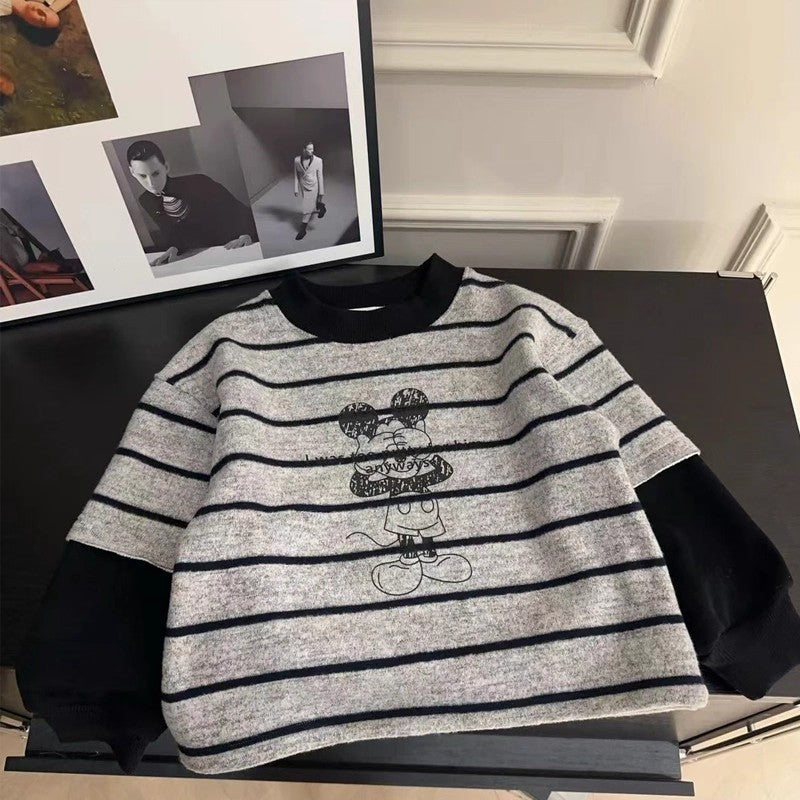 Kids' Striped Fake Two-Piece Sweatshirt, Cartoon Pullover Top