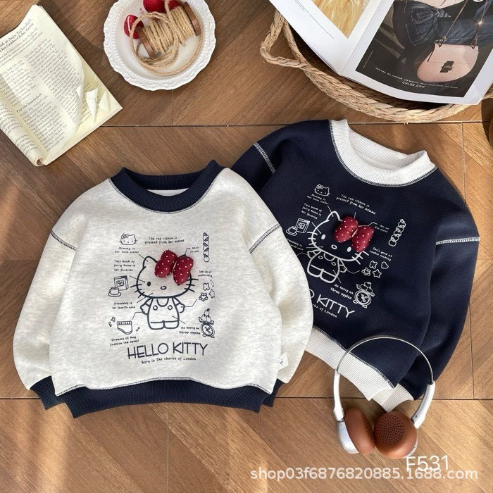 Girls' Contrasting Color Sweatshirt, Cartoon Print Pullover Top