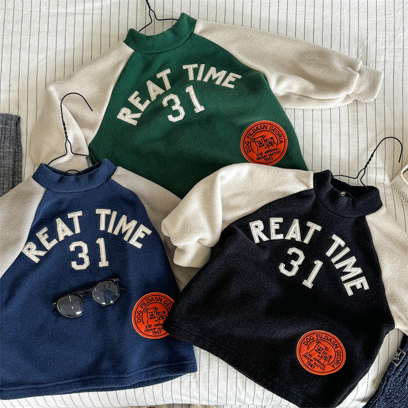 Kids' Color-Block Cartoon Sweatshirt, Fleece-Lined Pullover Top