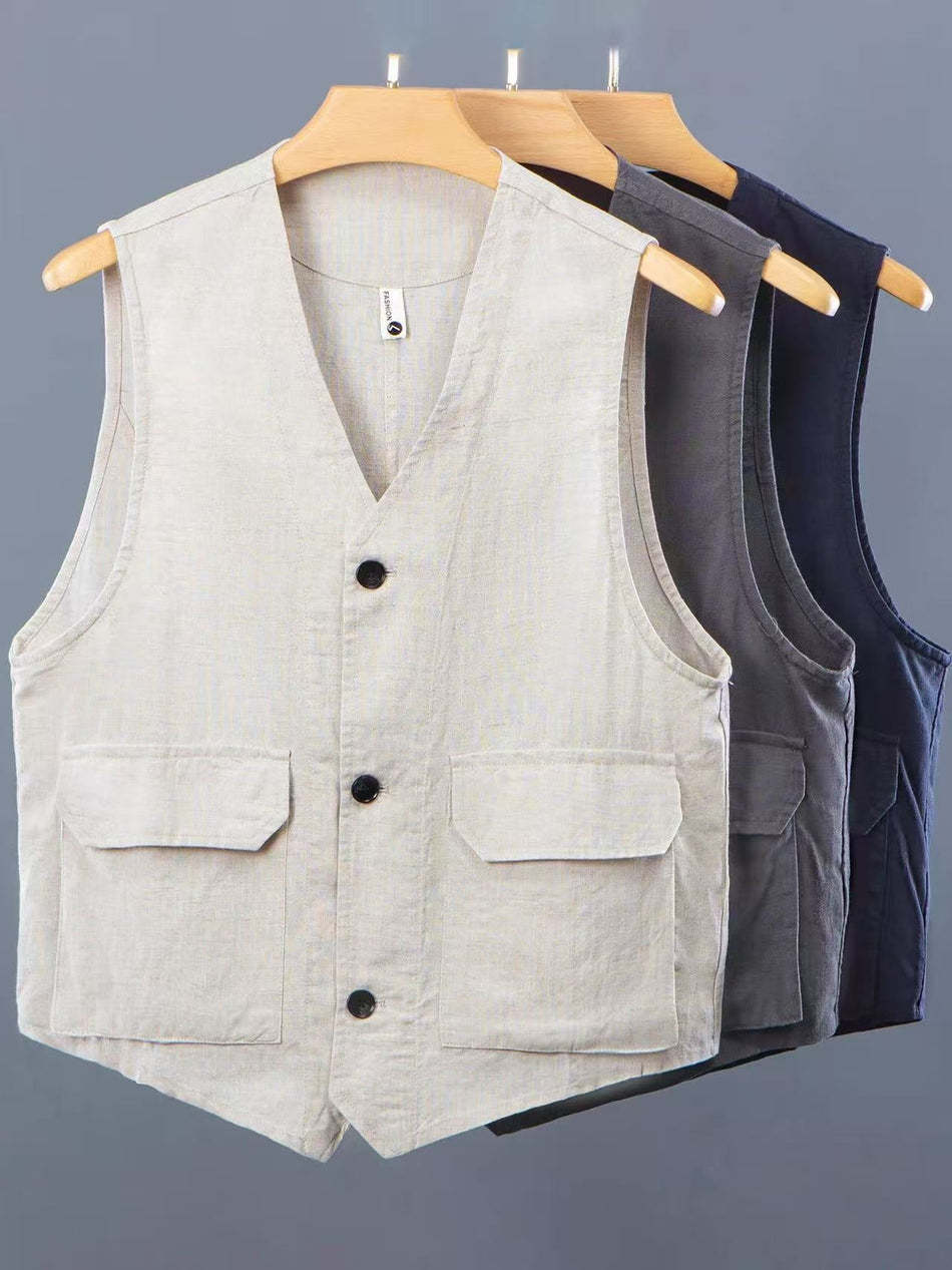 Men's V-Neck Single-Breasted 100% Multi-Pocket Workwear Vest