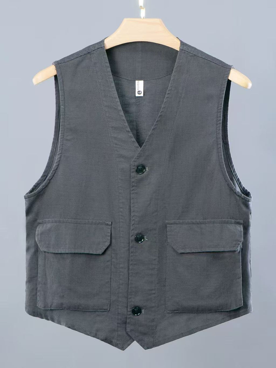 Men's V-Neck Single-Breasted 100% Multi-Pocket Workwear Vest