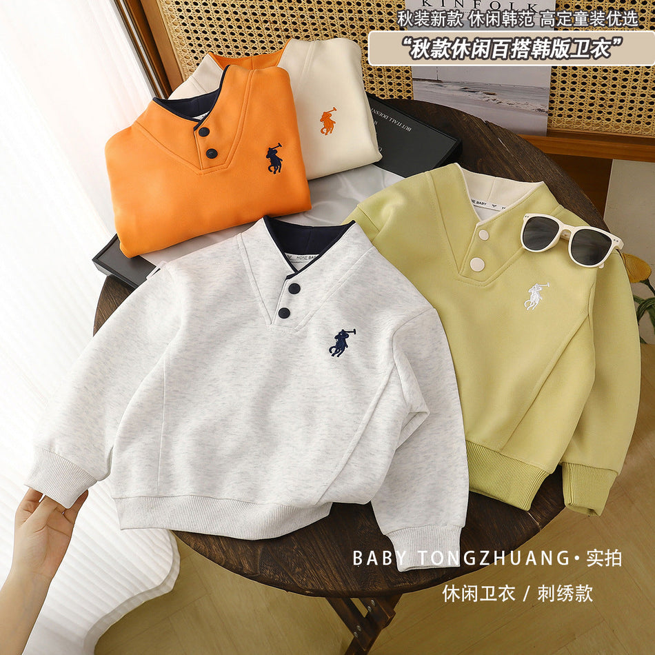 Boys' Embroidered Cotton Sweatshirt, Casual Street Style Top