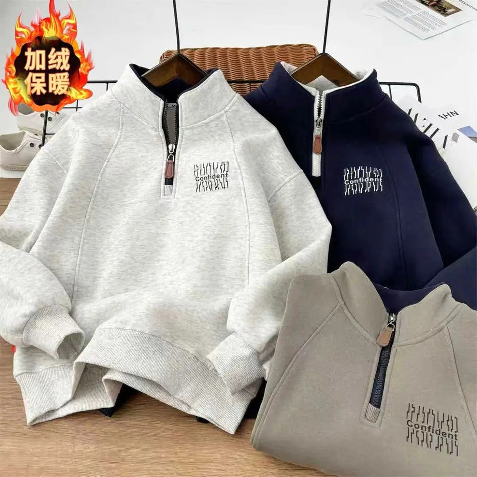 Boys' Stand-Collar Fleece Sweatshirt, Thickened Warm Top