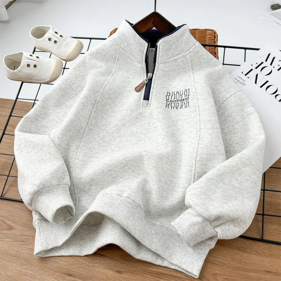 Boys' Stand-Collar Fleece Sweatshirt, Thickened Warm Top