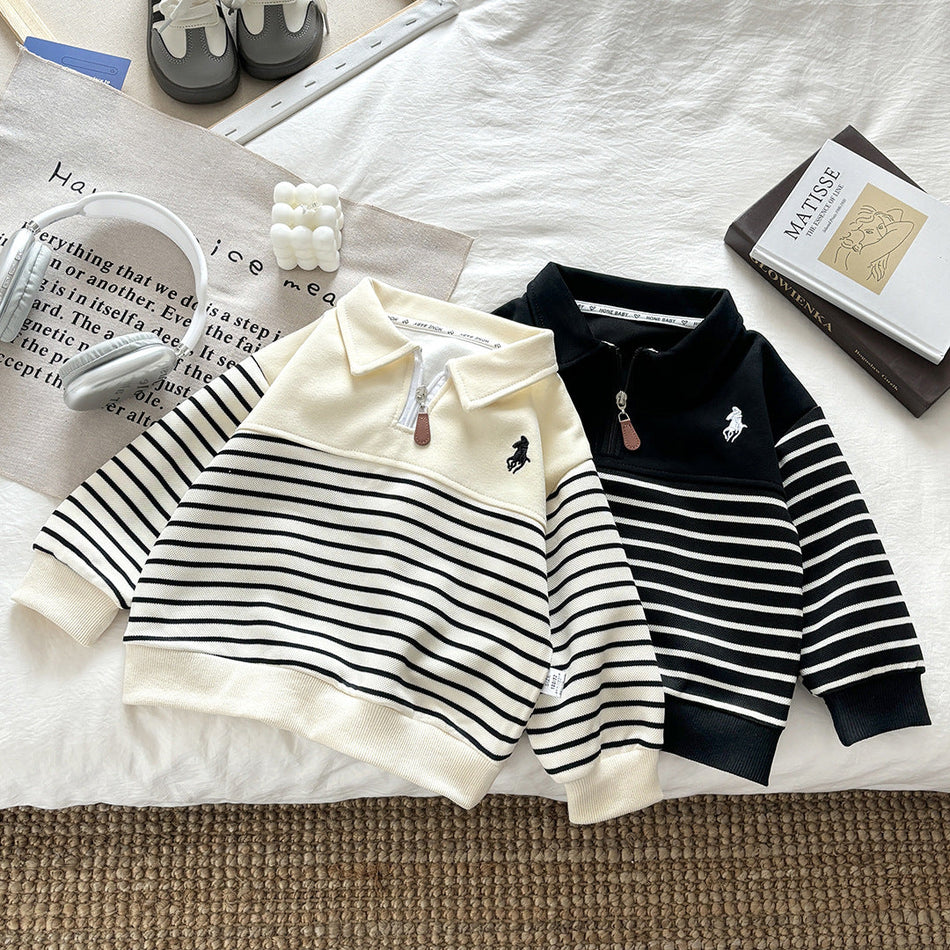 Kids' Striped Polo Collar Sweatshirt, Zip-Up Versatile Top